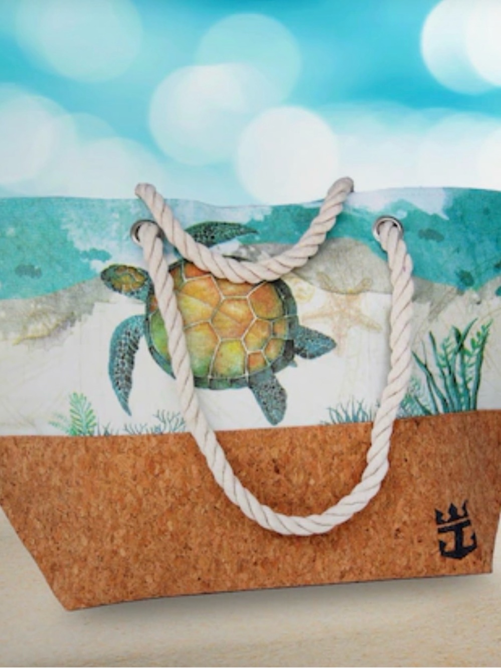 NWT Stunning Sea Turtle Cork Tote Bag with Rope Handles - Teal & Brown and other